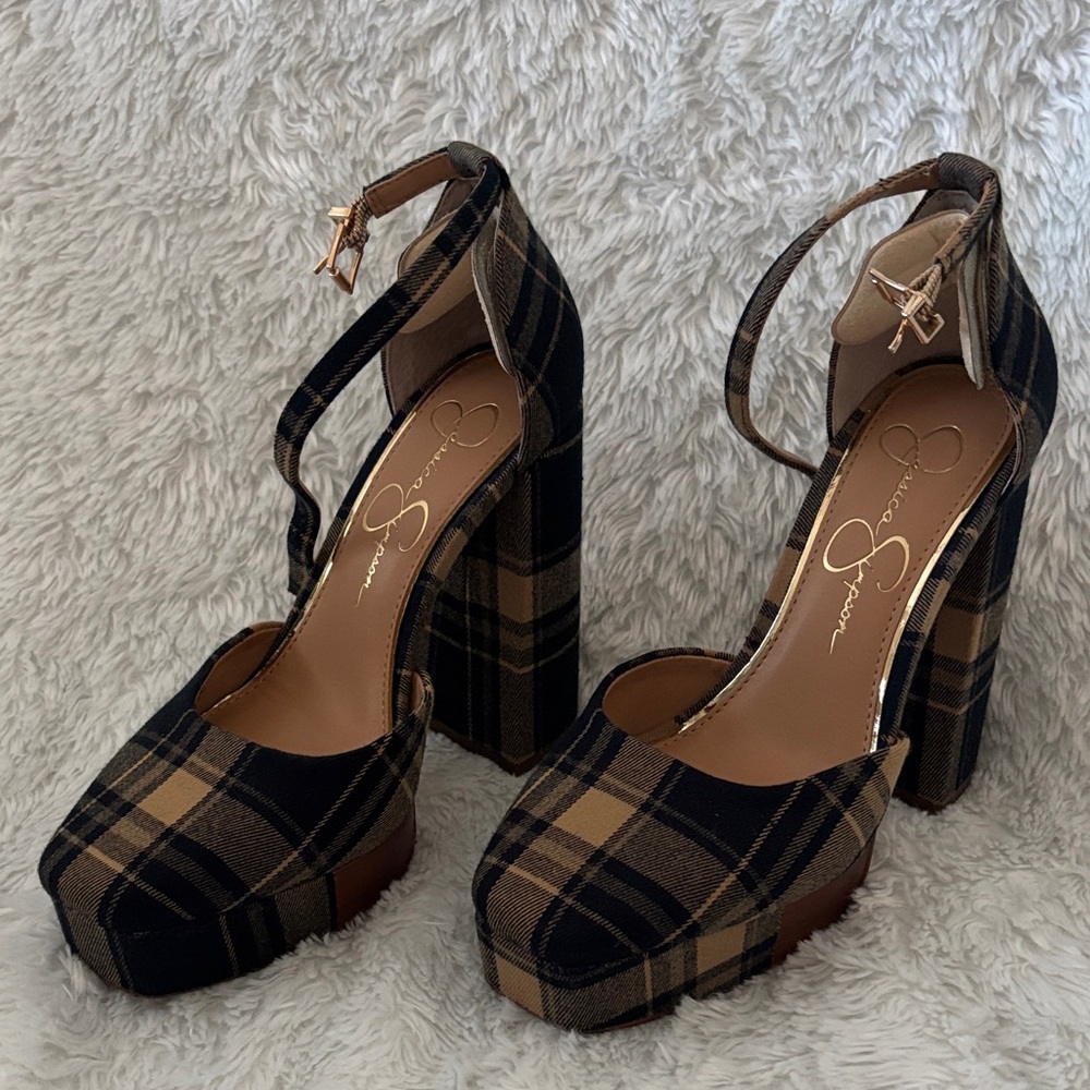 Jessica Simpson Black and Brown Plaid Platform Heels